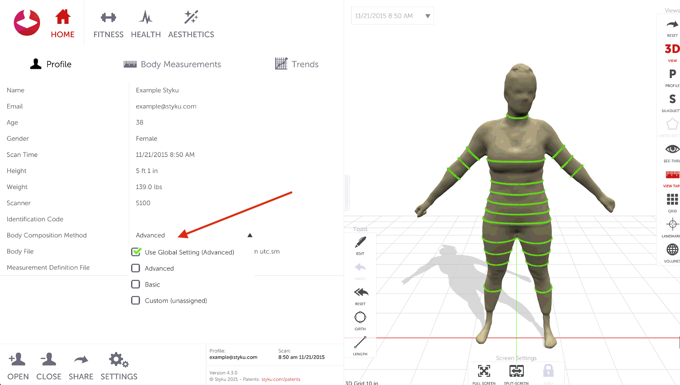 How can I switch the body composition model for individual scan profiles?